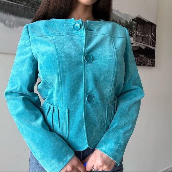 Vintage preppy velvet like Turquoise Button-Up Jacket - Picture 1 of 6